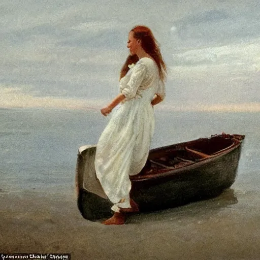 Prompt: a young woman wearing a white dress on a Swedish beach, a small rowboat is visible, in the style of anders zorn