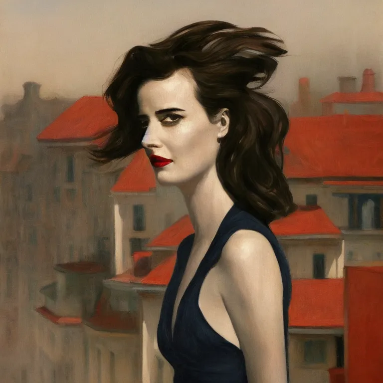 Prompt: portrait of Eva Green on a roof, fog, early morning, , painted by Edward Hopper, painted by Wayne Barlow, airbrush