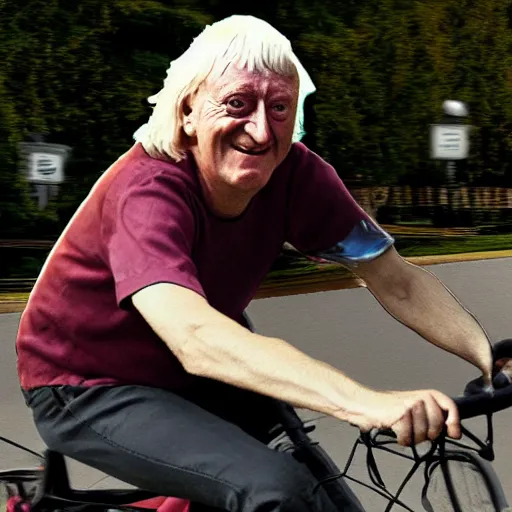 Image similar to jimmy savile riding bike, detailed, photorealistic, 8 k, wide shot,