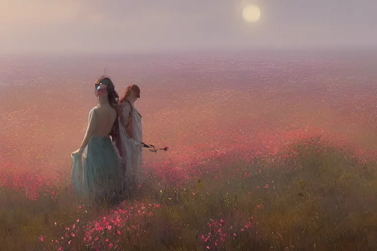 Image similar to a beautiful painting of the sea of flower, two people, by greg rutkowski, trending on artstation