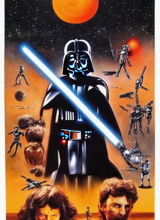Prompt: 1 9 8 6 poster for star wars. oil on canvas. print.