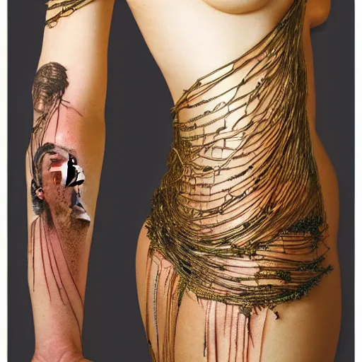 Image similar to A perfect female goddess stands for a waist up portrait with her body sightly wrapped in thin gold wire creatively arranged so as to look like tattoos, in a forrest of fall colors, hyper photo realistic 8K HD HDRI, photo by Annie Leibovitz.