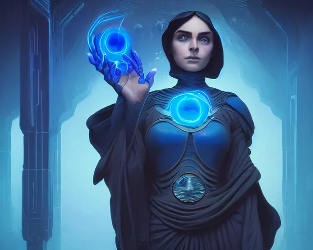 Prompt: photography of alia atreides of the knife, completely blue glowing eyes, deep focus, dune, science fiction, intricate, elegant, highly detailed, digital painting, artstation, concept art, matte, sharp focus, illustration, hearthstone, art by artgerm and greg rutkowski and alphonse mucha