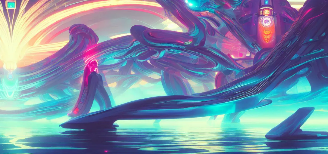 Image similar to a floating temple of androids, channeling swirling energy, wearing netrunner clothing, vaporwave aesthetic, colorful, psychedelic, digital painting, artstation, concept art, smooth, sharp focus, illustration, art by artgerm and greg rutkowski and alphonse mucha