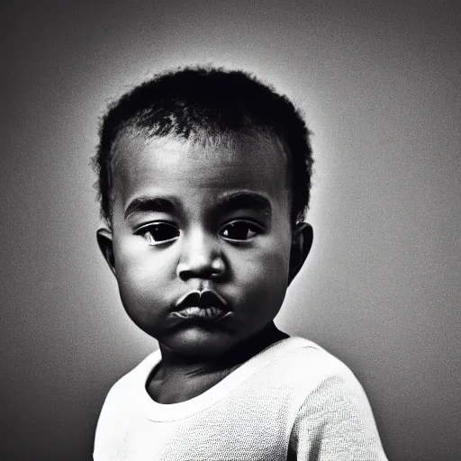 Image similar to the face of young kanye west wearing yeezy clothing at 3. 2 years old, black and white portrait by julia cameron, chiaroscuro lighting, shallow depth of field, 8 0 mm, f 1. 8