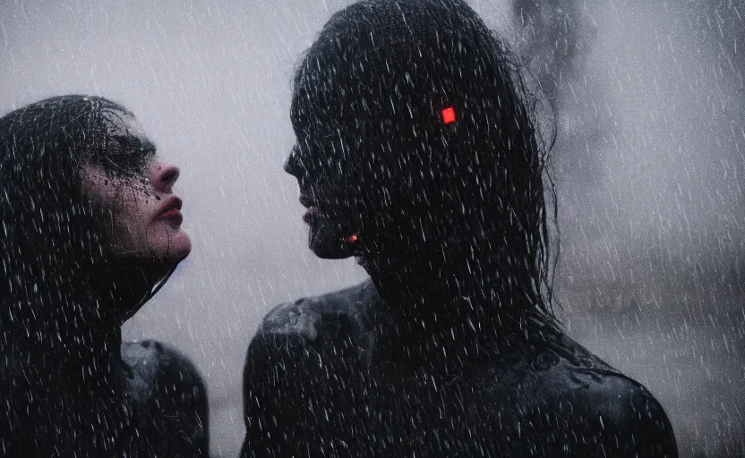 Prompt: cinestill 5 0 d candid photographic portrait by christopher nolan of two loving female androids wearing rugged black mesh techwear in treacherous waters, extreme closeup, modern cyberpunk moody emotional cinematic, pouring rain full moon, 8 k, hd, high resolution, 3 5 mm, f / 3 2, ultra realistic faces, ex machina