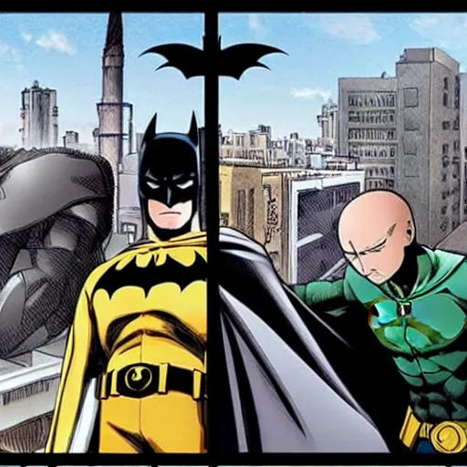 Image similar to standoff between batman and one punch man, on a train roof, in egypt, very detailed and realistic