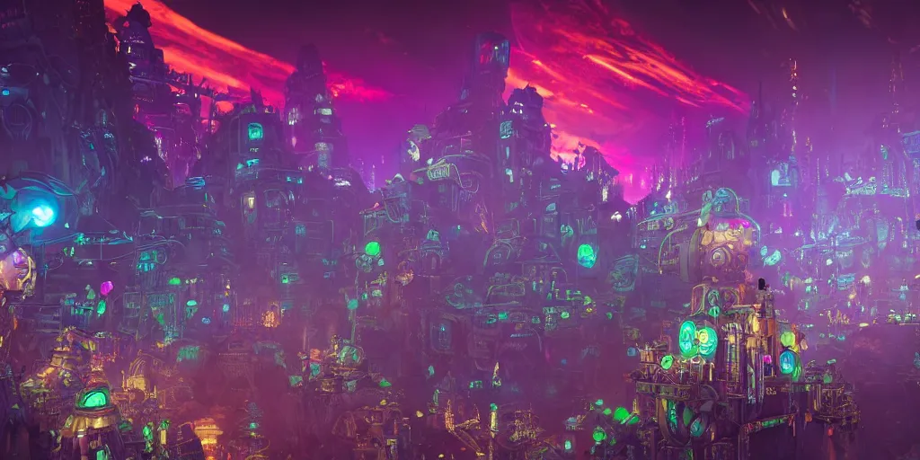 Prompt: overcrowded sci - fi steampunk and neonpunk mechanical fluorescent mystical city in a mountain landscape with monsters, night, realism in style of fornite game, 4 k, octane render, award winning photograph, epic cinematic shot, perfectly defined features, ambient occlusion