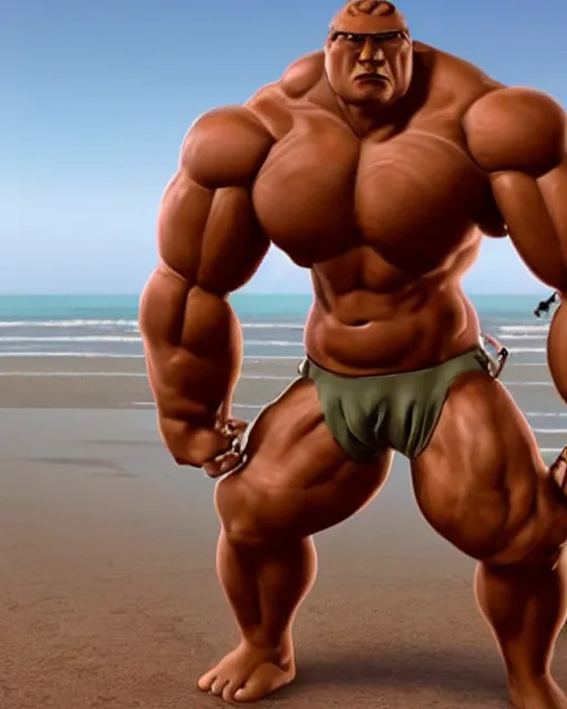 Image similar to a giant muscular cyclops on the beach