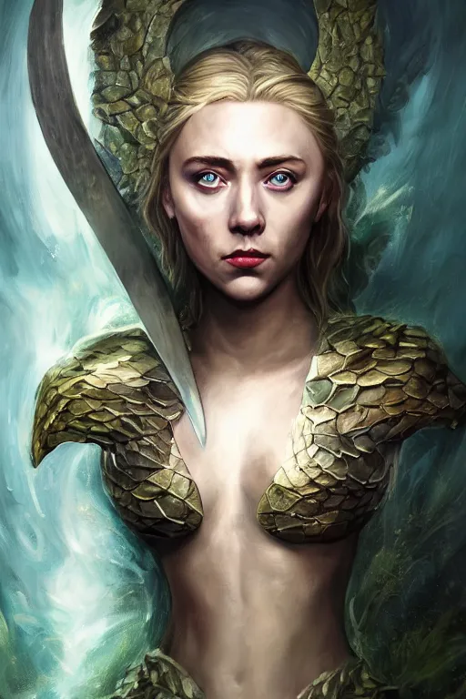 Image similar to A fantasy comic book style portrait painting of, hybrid of Saoirse Ronan, Scarlett Johansson, as an Atlantean, Reptilian Warrior, Mystical Valkyrie, Armor, Sword, Spear, Sheild, François Boucher, Oil Painting, unreal 5, DAZ, hype realistic, octane render, Regal, Refined, Coherent, Detailed Digital Art, RPG portrait, William-Adolphe Bouguereau, Michael Cheval, Walt Disney (1937), Steampunk, golden dappled lighting, dynamic lighting, Highly Detailed, Cinematic Lighting, Unreal Engine, 8k, HD