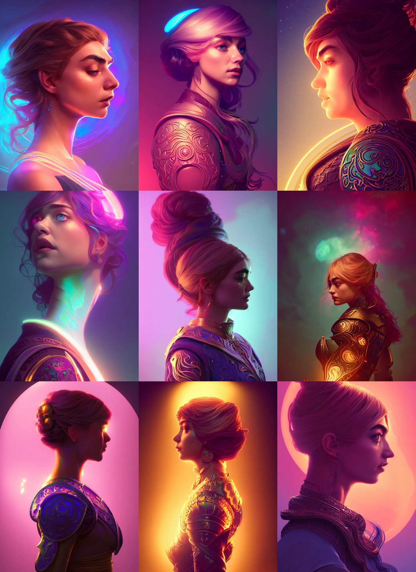 Prompt: side portrait, imogen poots paladin, gloomhaven, soft, smooth, luminescent, art nouveau tarot, backlit glow, colorful swirly ripples, gaudy colors, aesthetic unreal engine render, 8 k, by ilya kuvshinov!!, cushart krenz