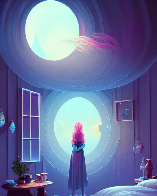 Image similar to beautiful painting of elven bedroom, art by mike winkelmann and by petros afshar, sky night, illustration, highly detailed, simple, smooth and clean vector curves, no jagged lines, vector art, smooth, artstation