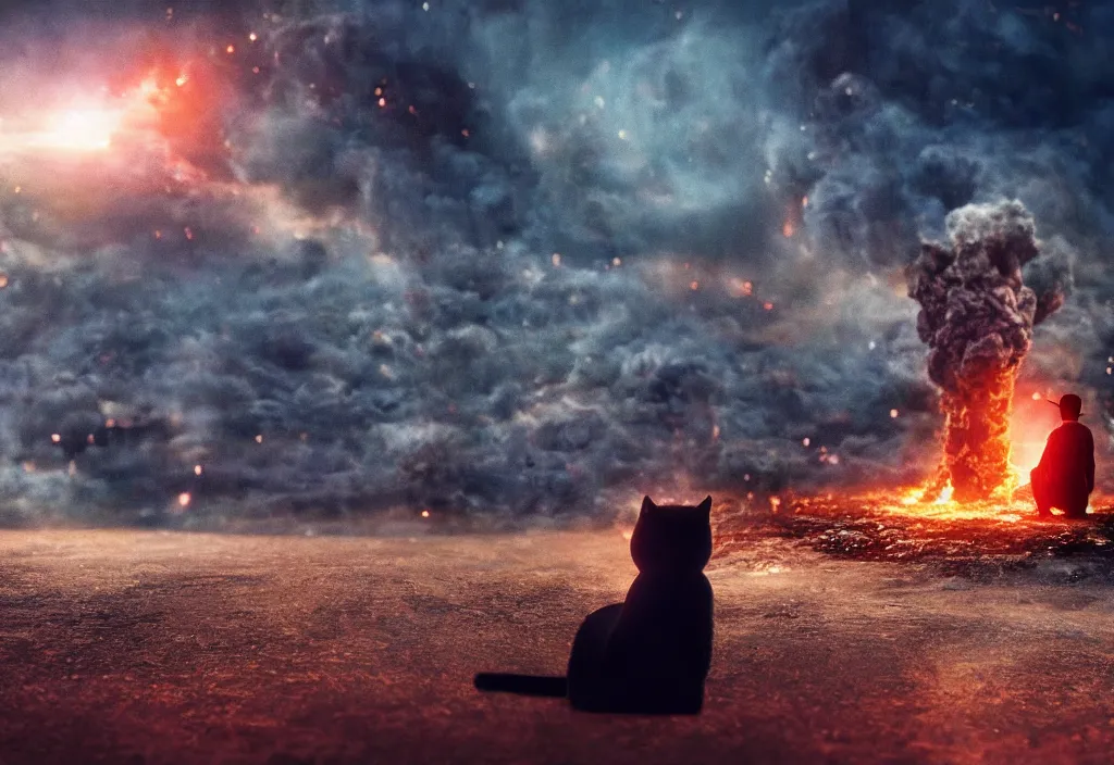 Prompt: cinematic movie close up shot from behind, background blur bokeh, old man sitting with black cat watching nuke explosion close up shot from behind, world ending nuke, 4 k