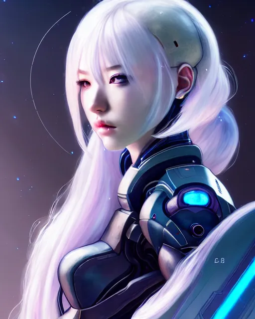 Image similar to perfect android girl family, full body character design, warframe armor, beautiful face, scifi, futuristic, galaxy, nebula, bae suzy, dreamy, long white hair!!!, blue cyborg eyes, sharp focus, cinematic lighting, highly detailed, artstation, divine, by gauthier leblanc, kazuya takahashi, huifeng huang