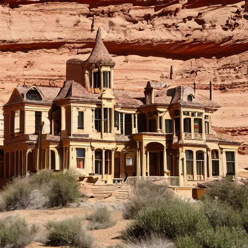 Prompt: a large, victorian mansion covered in sand in a canyon.