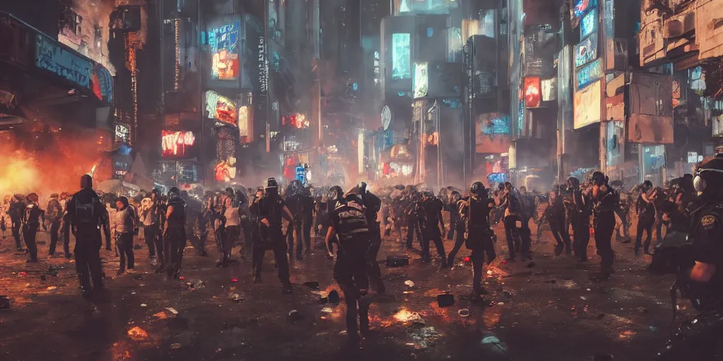 Prompt: very long shot, riot in a cyberpunk city, police use special equipment against the crowd on a square, high detail art, evening, police sirens in smoke, dark environment