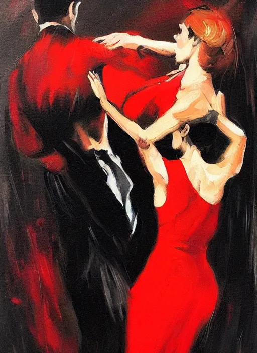 Prompt: tango dancers in red dress and black suit, painting by phil hale, fransico goya,'action lines '!!!, graphic style, visible brushstrokes, motion blur, blurry, visible paint texture, crisp hd image