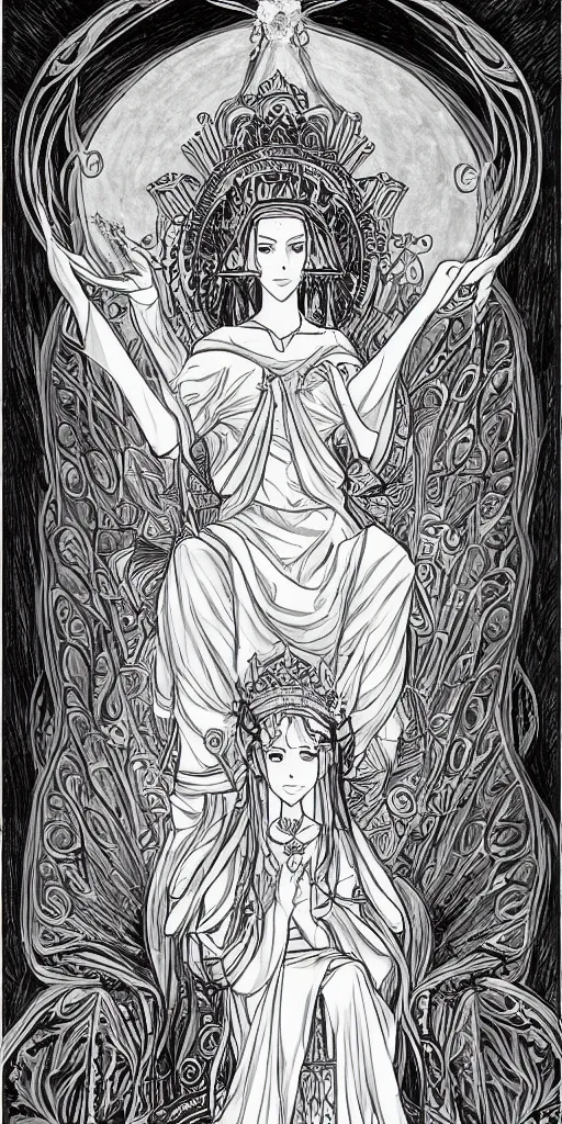 Prompt: a mystical woman priestess sitting on a throne, the divine feminine, drawn by studio UFOTABLE, fine line work