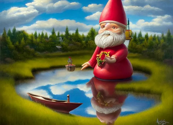 Prompt: a garden gnome sailing in a bucket, background of a reflective pond on a sunny day with dramatic clouds, an ultrafine detailed painting by mark ryden, trending on deviantart, pop surrealism, whimsical, lowbrow, joyous, perfect symmetrical face