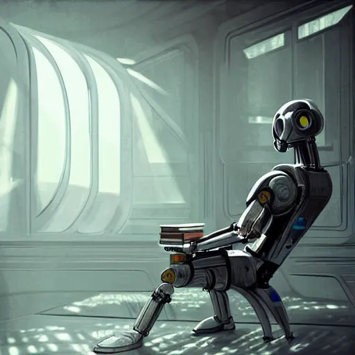 Image similar to digital painting of a droid robot reading a book, concept art, sunlight pouring through window, large scale, high detail, futuristic, godrays, volumetric lighting, warm lighting