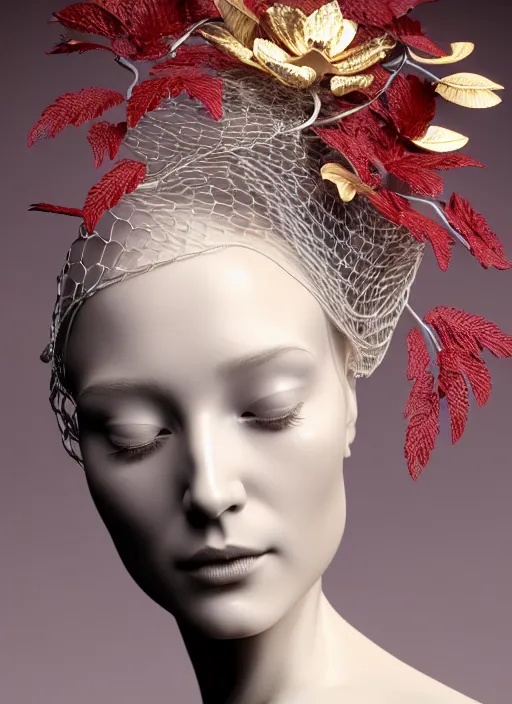 Image similar to complex 3d render ultra detailed of a beautiful porcelain profile woman face, beautiful eyes, mechanical vegetal cyborg, 150 mm, beautiful studio soft light, spot light, rim light, Alexander Mcqueen haute couture, luxurious, silver gold red filigran details, fine foliage lace, magnolia big filigran leaves and stems, roots, mesh wire, intricate details, hyperrealistic, mandelbrot fractal, anatomical, silver metal armor, facial muscles, cable wires, microchip, elegant, white background, beautiful white teeth, octane render, H.R. Giger style, 8k