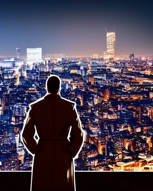 Prompt: a night rooftop scene, close up shot of a photorealistic gangster wearing a trench coat looking at the city below