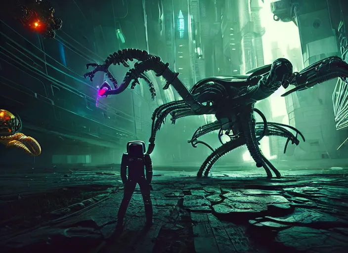 Prompt: astronaut fighting off a mechanical alien. on the background of a weird magical mechanical forest. Intricate. Very detailed 8k. Fantasy cyberpunk horror. Sharp. Cinematic post-processing. Unreal engine. Nanite. Ray tracing. Parallax. Tessellation