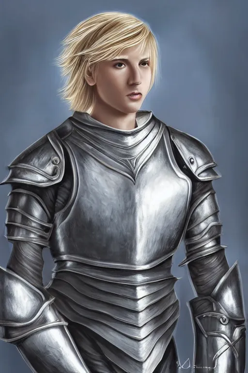 Image similar to a blonde male teenager wearing a silver plate armor, digital painting, digital art, oil painting, masterpiece, realistic and detailed face, profile picture, realistic, highly detailed, high quality, symmetrical, low contrast, trending on deviantart, soft colors, soft lighting, face portrait, beautiful, elegant, castle in the background, bokeh, oil painting