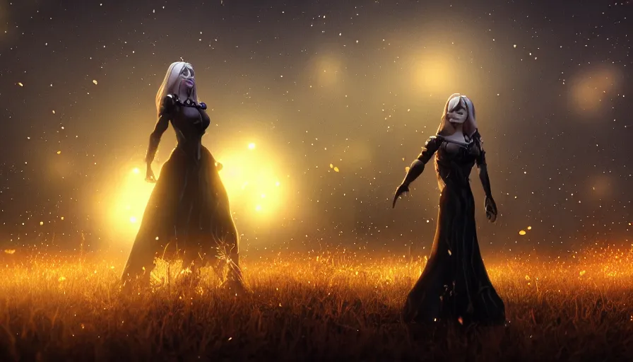 Image similar to lady death surrounded by fireflies walking away with me, cinematic lighting, wow, establishing shot