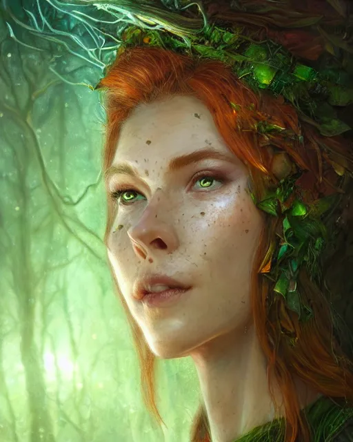Image similar to female druid casting a spell, perfect face, thin antlers, green tunic, ginger hair, cinematic, freckles, stunning, highly detailed, digital painting, artstation, smooth, hard focus, illustration, art by jessica rossier and and brian froud