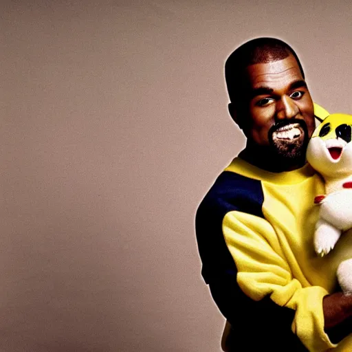 Image similar to kanye west smiling holding pikachu for a 1 9 9 0 s sitcom tv show, studio photograph, portrait c 1 2. 0