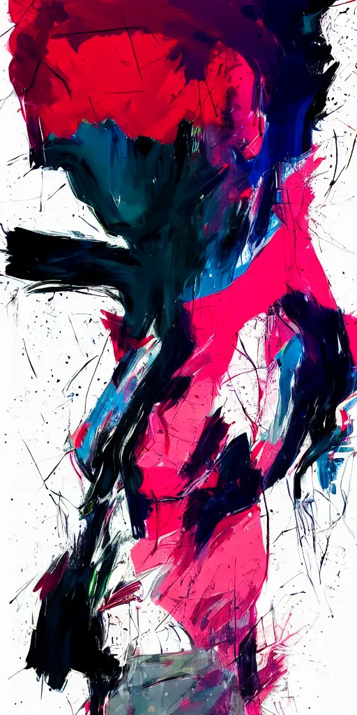 Prompt: abstract flowing brush strokes of the outline of the closeup torso of athletic man posing dramatically with no face in the center of the frame, by conrad roset, dark background, painting trending on artstation