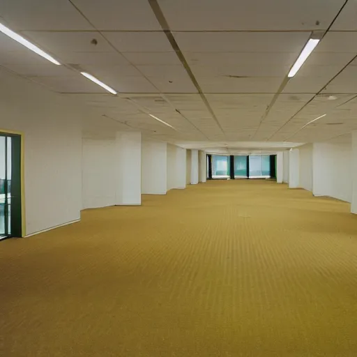 Image similar to 1 9 9 0 s vhs tape still, interior of an empty office building, long corridor with empty rooms, old faded yellow wallpaper, carpet, fluorescent light, suspended ceiling, creepy