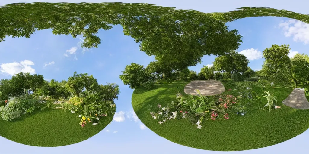 Image similar to seamless equirectangular projection of a 3 6 0 view inside a garden