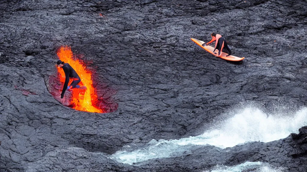 Image similar to person wearing a sponsored team jersey with logos surfing down a river of lava on the side of a volcano on surfboard, action shot, dystopian, thick black smoke and fire, sharp focus