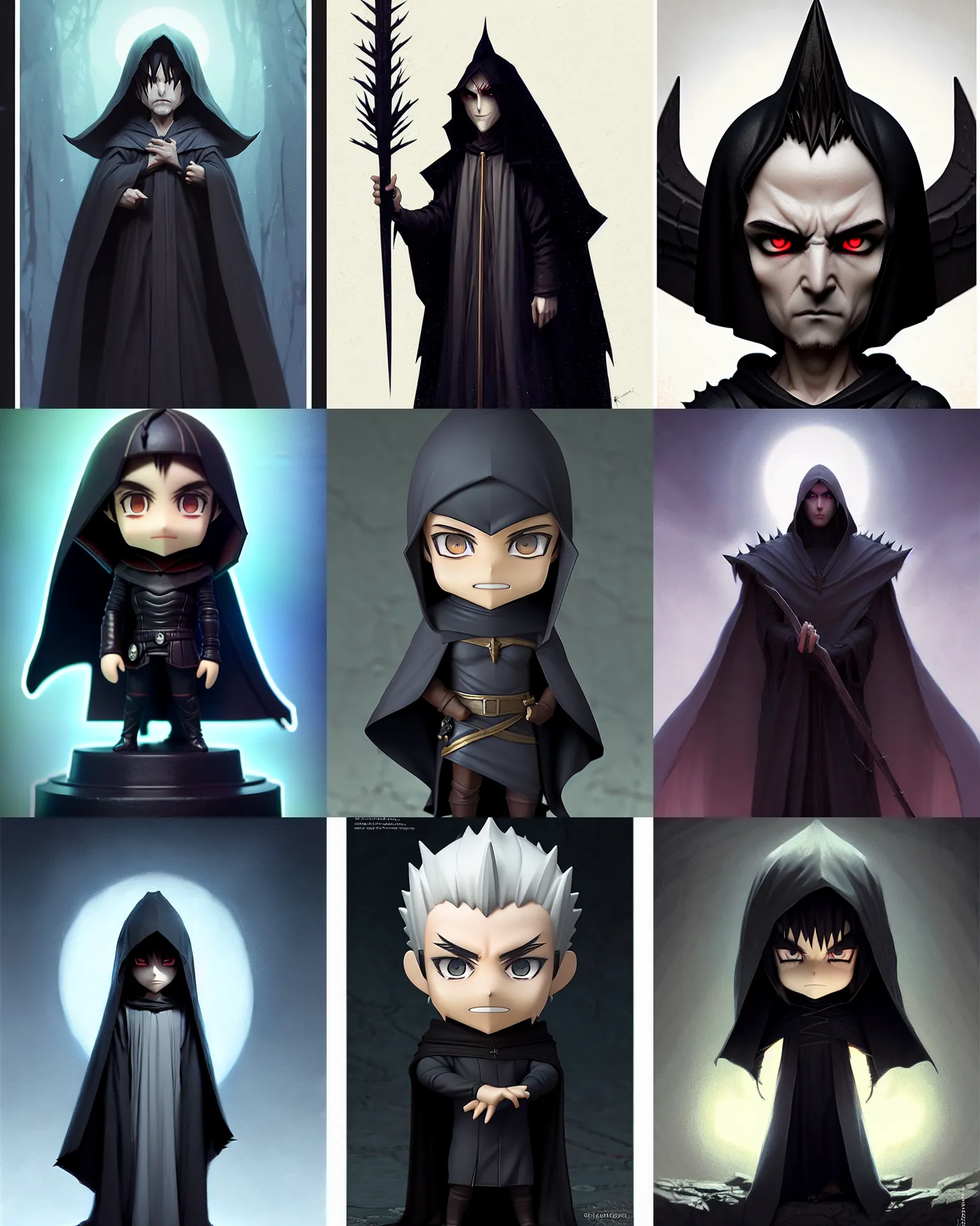 Prompt: nendoroid pale dark spiky haired tall man with black orbs as eyes in dark robes, no hood | | realistic shaded, fine details, realistic shaded lighting poster by greg rutkowski, diego gisbert llorens, magali villeneuve, artgerm, jeremy lipkin and rob rey