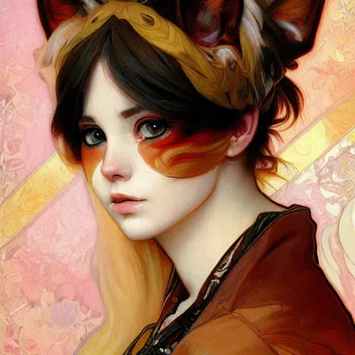 Image similar to portrait of a calico cat, calico cat, animal, cat masterpiece, sakimichan, Ross Tran, Alphonse Mucha