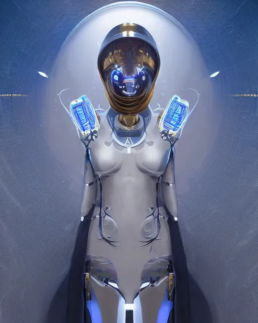 Image similar to portrait of a cyborg, necromancer, benevolent, scifi, futuristic, elegant clothing, intelligent, alien room background, white, blue, gold, highly detailed, trending on artstation, soft light, holy machine, advanced technology, art by vitaly bulgarov and nivanh chanthara