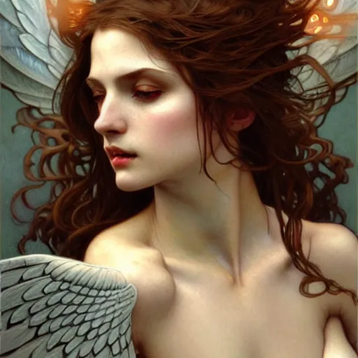 Image similar to Winged girl angel, face, fantasy, intricate, elegant, dramatic lighting, highly detailed, lifelike, photorealistic, digital painting, artstation, concept art, smooth, sharp focus, illustration, art by John Collier and Krenz Cushart and Artem Demura and Alphonse Mucha and and Albert Aublet