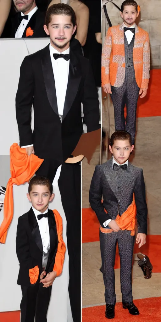 Image similar to 'young Shia LaBeouf wearing a frosty orange cross-cross weaved bamboo royal tuxedo'