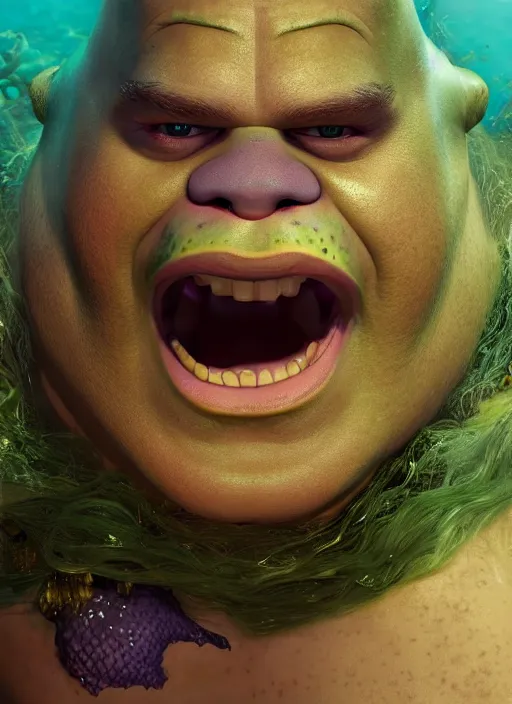 Image similar to underwater portrait of shrek as the mermaid, apocalypse, naturel, hyper detailed, digital art, trending in artstation, cinematic lighting, studio quality, smooth render, unreal engine 5 rendered, octane rendered, art style by klimt and nixeu and ian sprigger and wlop and krenz cushart.