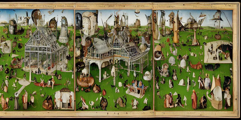 Image similar to greenhouse, side view, cutaway, intricate map diagram, section, insanely detailed, victorian style, hieronymus bosch, 8 k