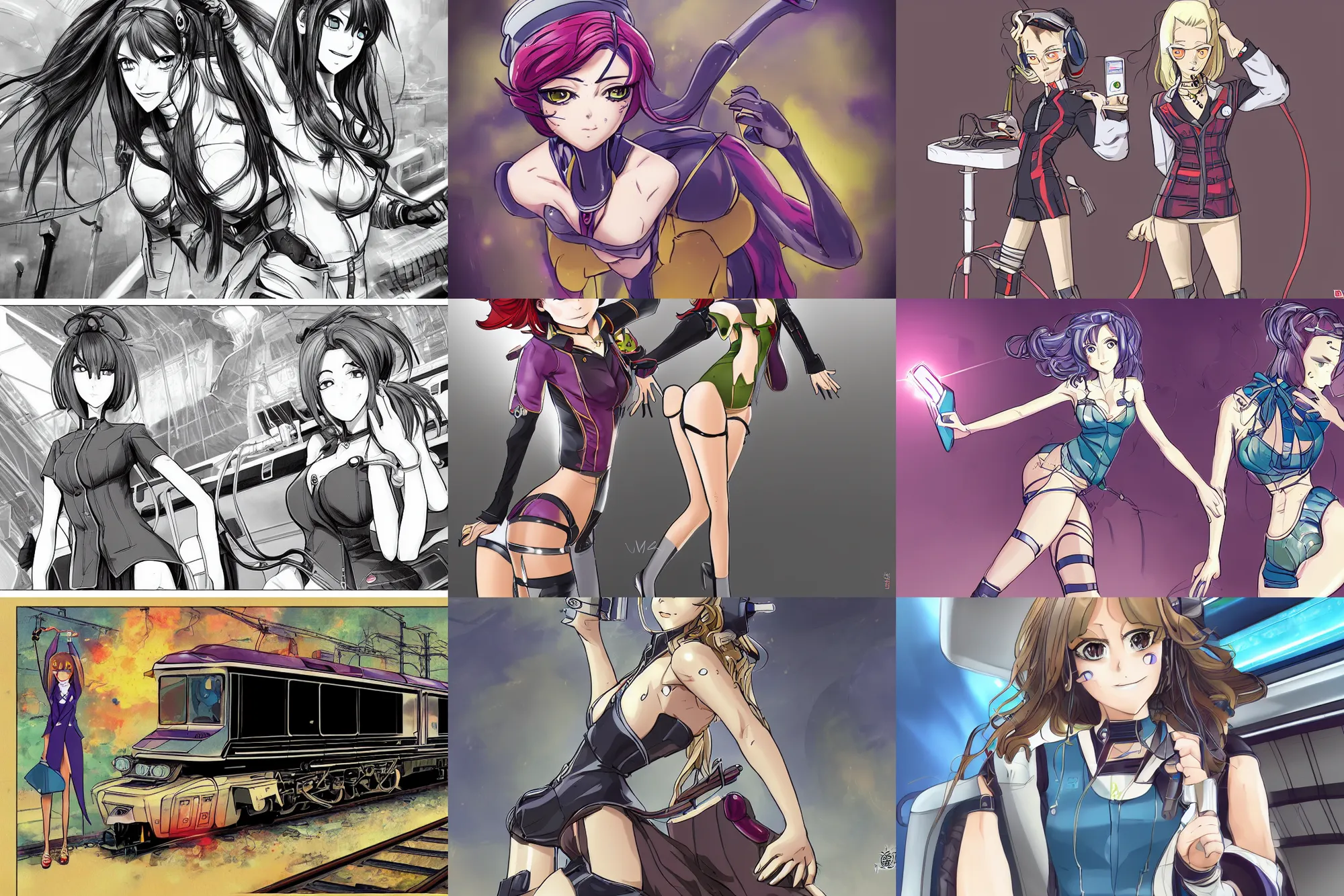 Image similar to anthropomorphic female version of a v 4 3 electric locomotive, bizzare adventures of jojo, stand, anime art, electric train