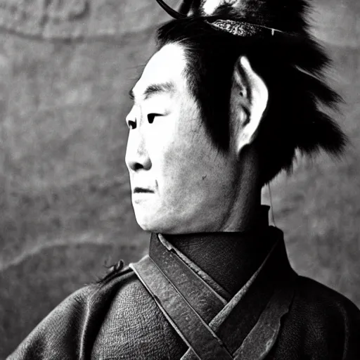 Prompt: a japanese warrior with a chicken hair, photo by gustave baumann