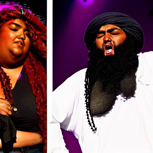 Image similar to osama bin laden and lizzo performing live on stage at coachella