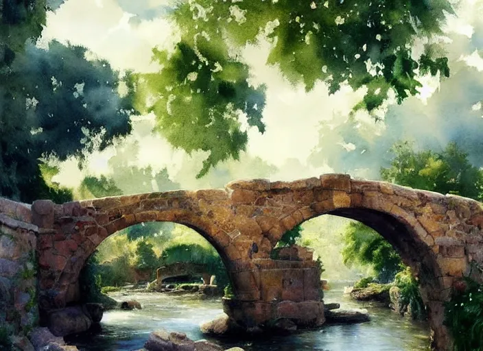 Image similar to watercolor of rustic stone bridge with mural, ivy, summer daylight, bright clear day, clouds, high detailed art by dennis miller bunker, work by anders zorn, wonderful masterpiece by greg rutkowski, beautiful cinematic light, american romanticism by greg manchess, creation by tyler edlin