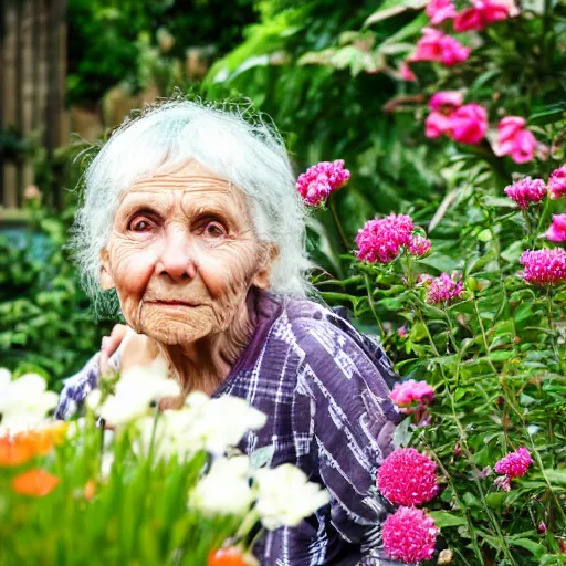 Prompt: a photo of a old woman standing in a garden surrounded by beautiful flowers