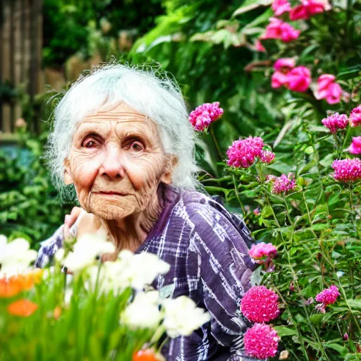 a photo of a old woman standing in a garden surrounded | Stable ...