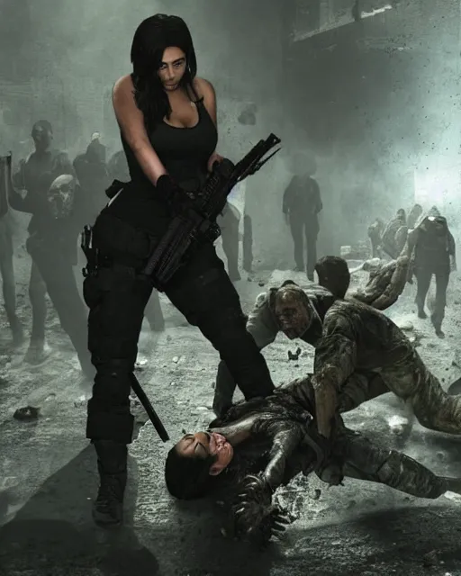 Prompt: A photo still of kim kardashian being held on the ground by zombies in resident evil, highly detailed, artstation, concept art, sharp focus, illustration, cinematic lighting, wide-shot.