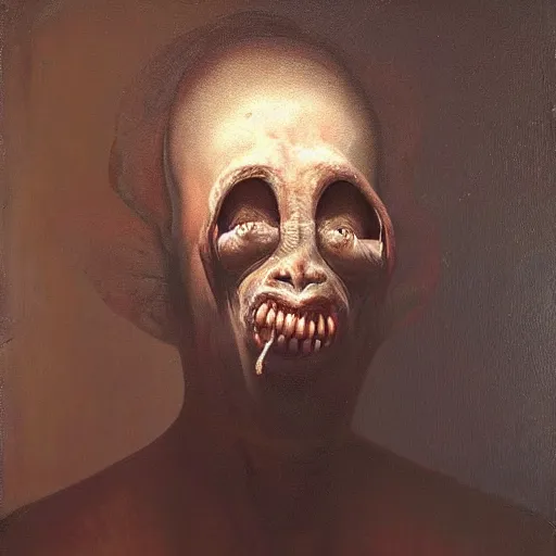 Image similar to the most disturbing oil painting ever made by christian rex van minnen of a portrait of an extremely bizarre disturbing mutated man with intense chiaroscuro lighting perfect composition